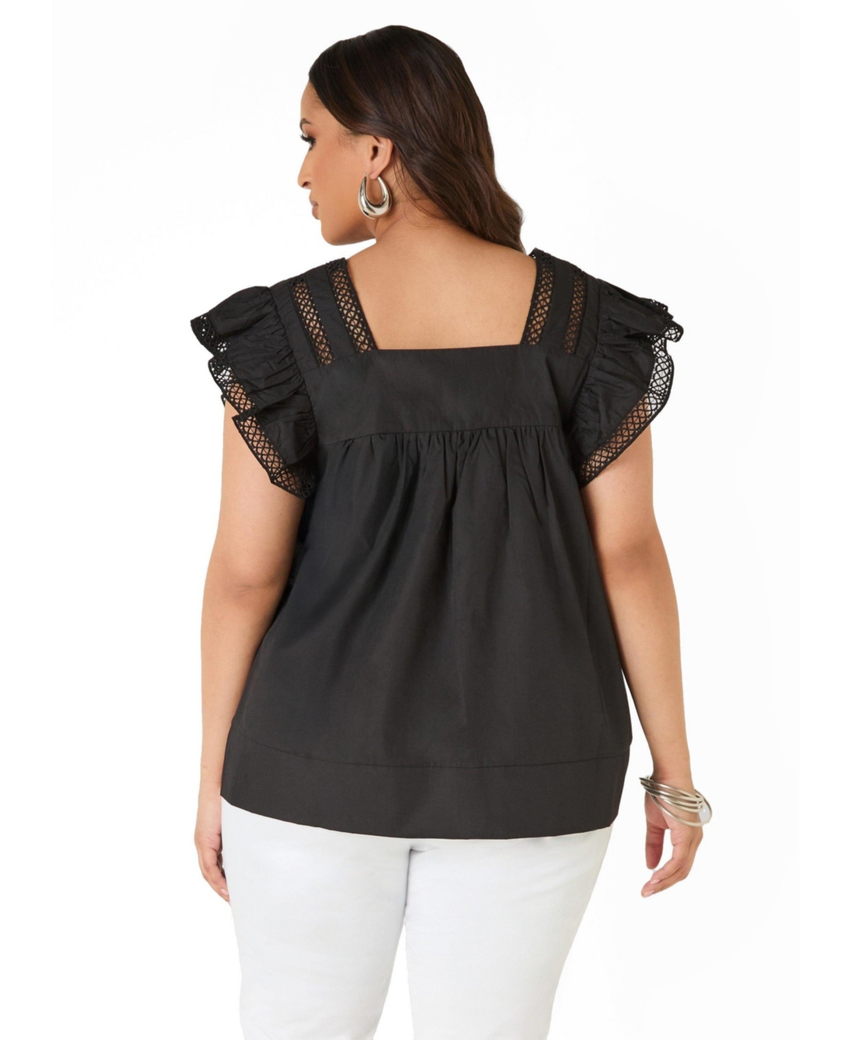 Ashley Stewart Plus Lattice Trimmed Poplin Shirt