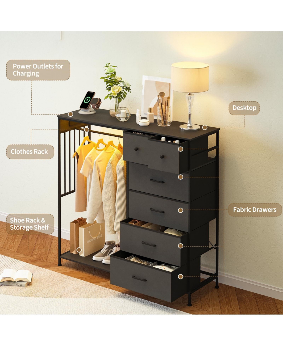 homfan 6 Drawer Dresser, 49 Inch Wood Tall Storage Cabinet with Hanging Rack and Led Lights for Bedroom Living Room Entryway