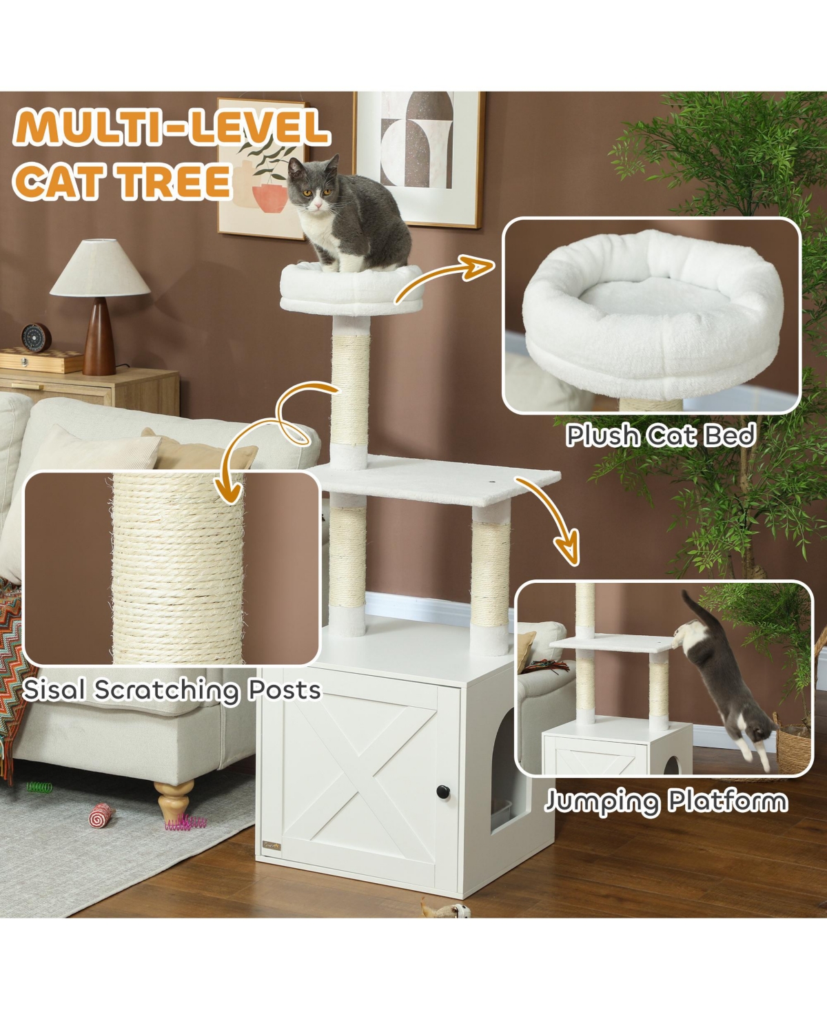 PawHut Cat Tree with Litter Box Enclosure, 2-in-1 Cat Tower for Indoor Cats