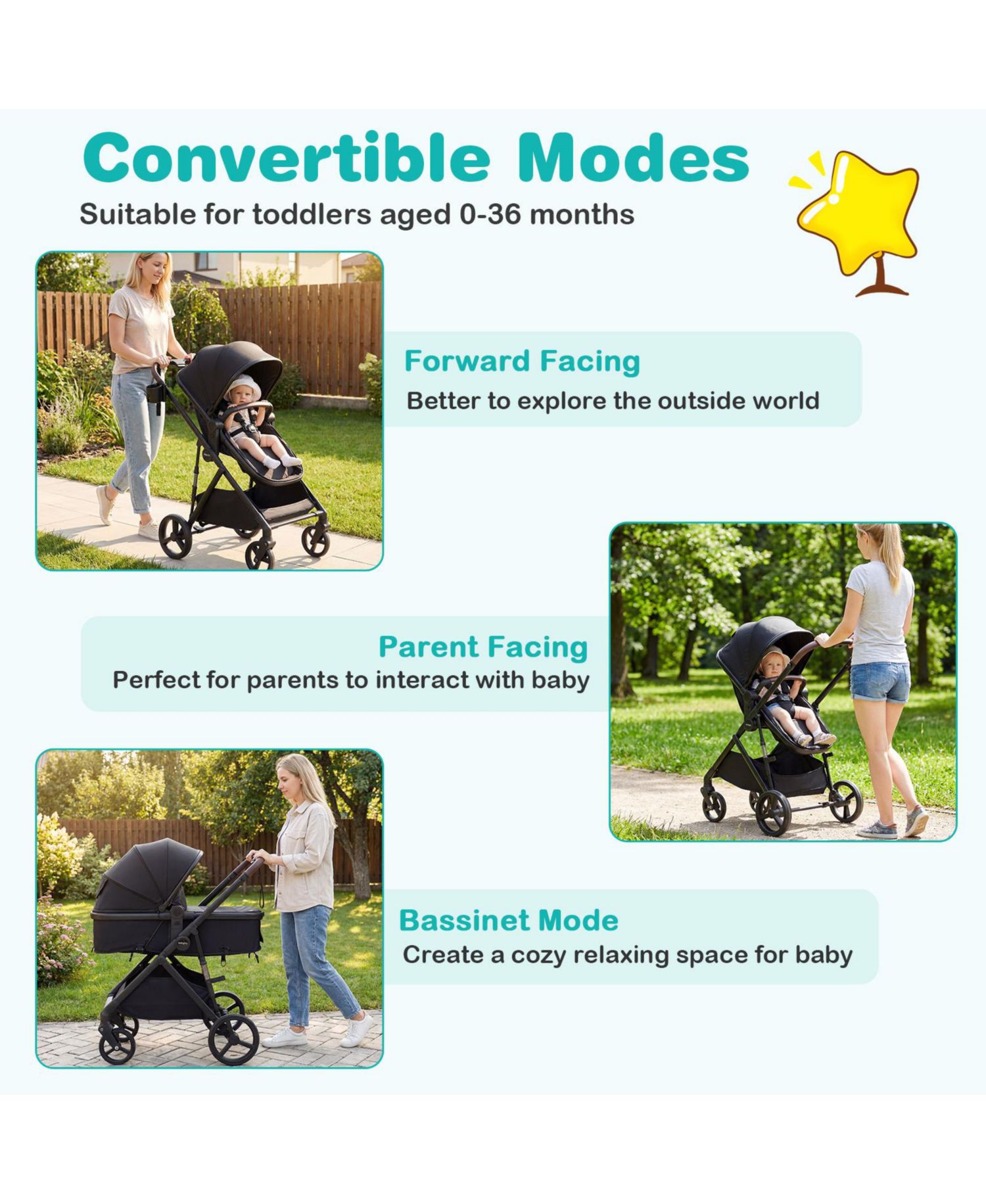 2 in 1 Baby Stroller with Bassinet Mode with Reversible Seat Adjustable Canopy