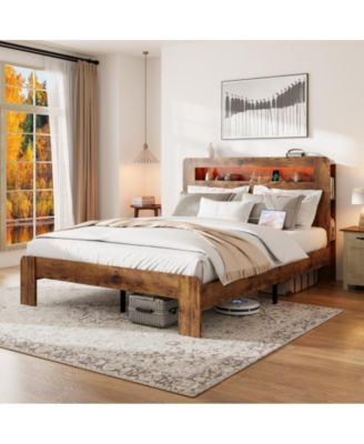 King Size Wood Platform Bed Frame with Storage LED Headboard, USB Charging, Wood Slats, No Box Spring Needed