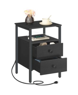 24-Inch Bedside Nightstand with 2 Drawers and Charging Outlets