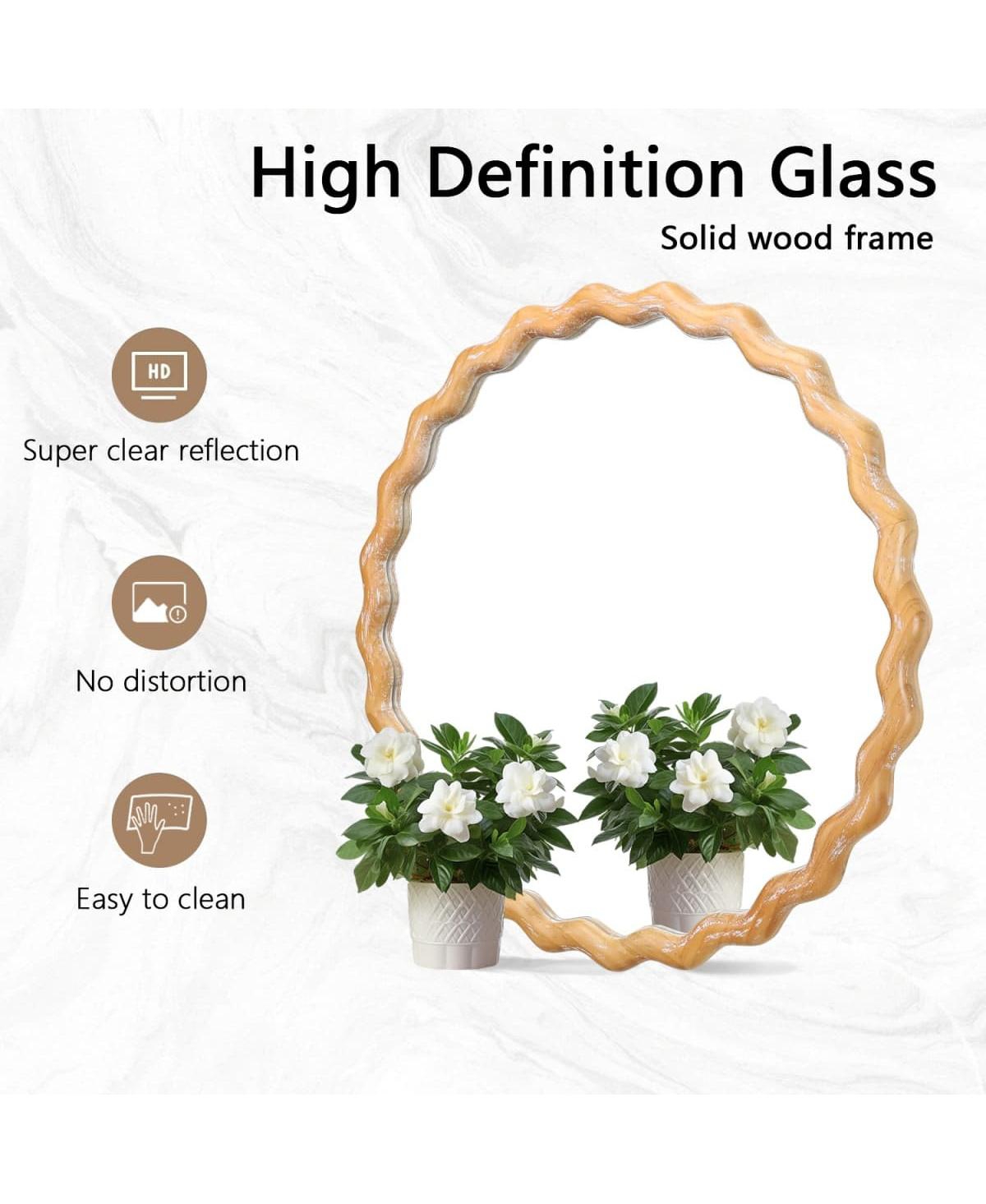 Laoties 28" Round Wavy Wall Mirror, Wood Frame Decorative Mirror for Bathroom and Living Room