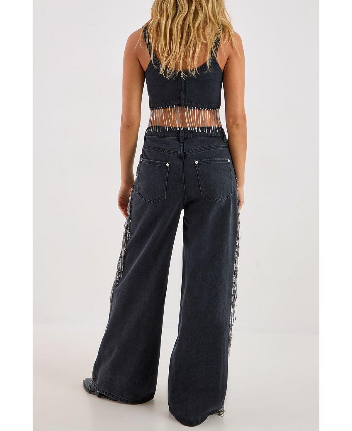 Nasty Gal Women's Denim Diamonte Tassel Straight Leg Jeans view 6 — MAYCSS fashion products