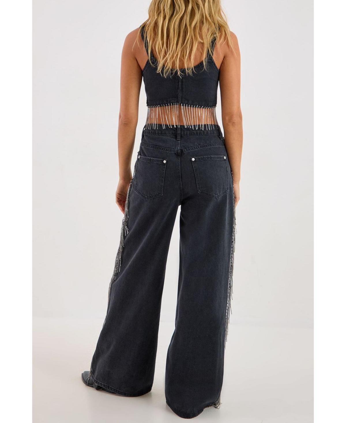 Nasty Gal Women's Denim Diamonte Tassel Straight Leg Jeans