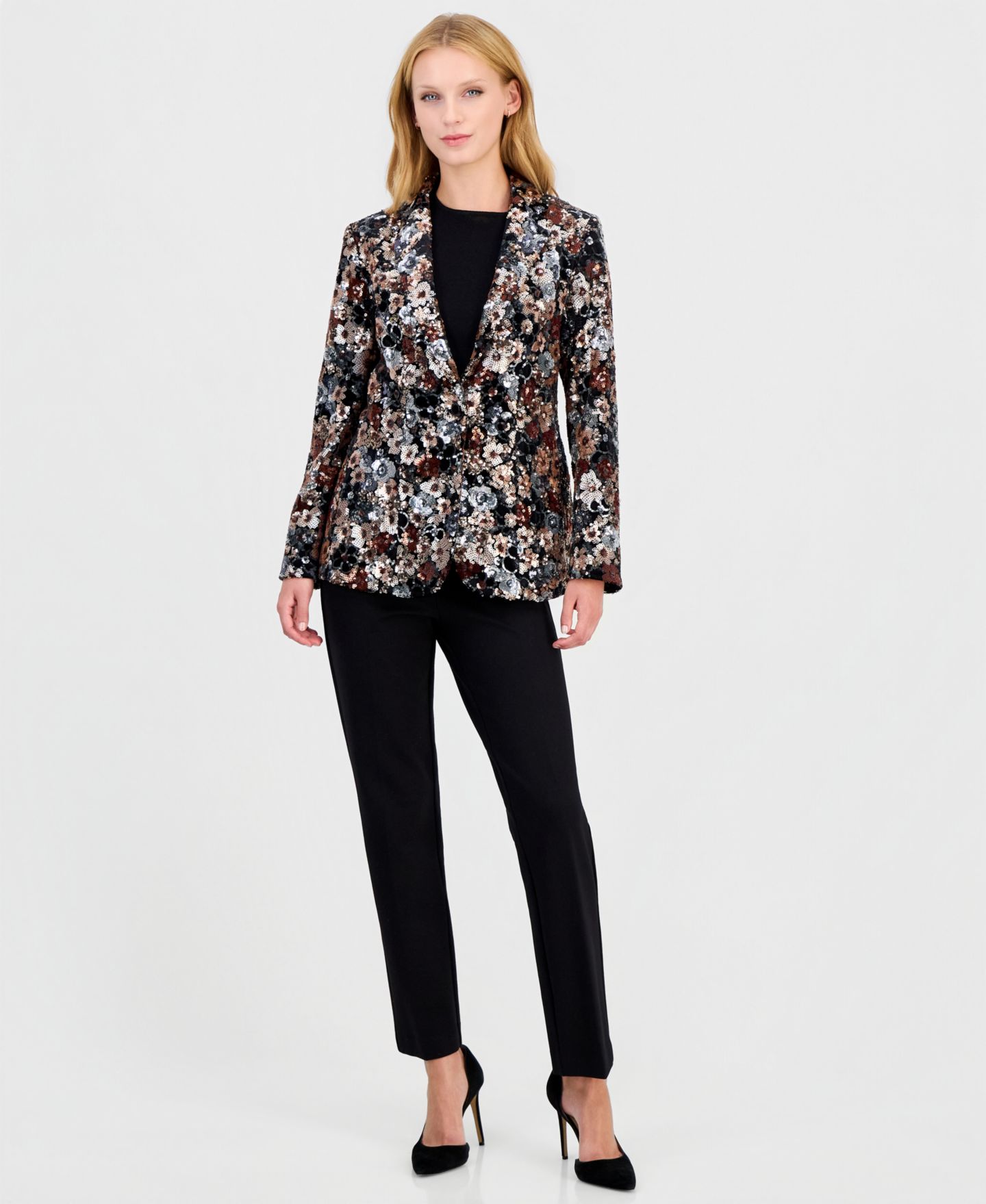 Женский пиджак Anne Klein Floral Sequin One-Button Blazer, цвет: Чёрный разноцветный — фото 3