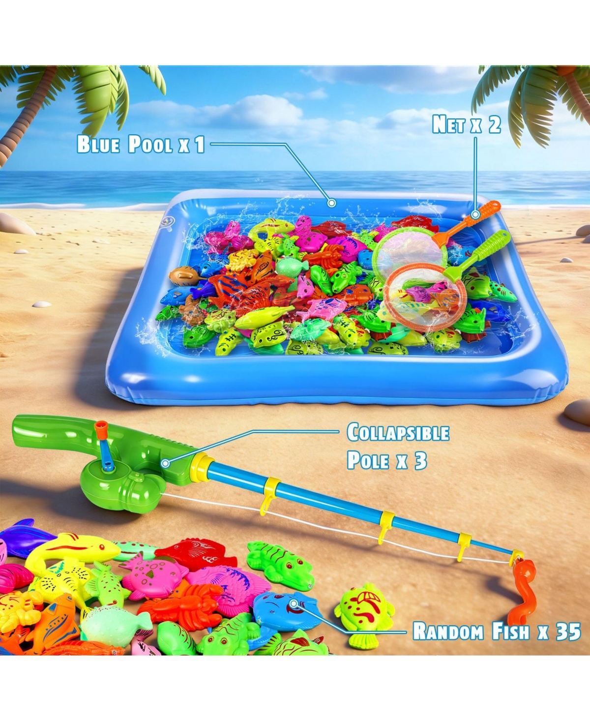 Gnuadz 35 Fishes Fishing Game Set Water Table Bath Toy Kids Outdoor Floating Fish Pole Rod Net Gift