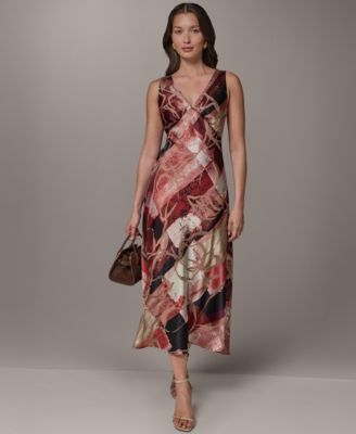 sleeveless velvet burnout midi dress Donna Karan Women's Sleeveless Abstract Burnout Midi A-Line Dress in Desert Clay Multi Red, Size 16