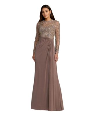 Women's Embroidered Long Sleeve Jersey Evening Gown