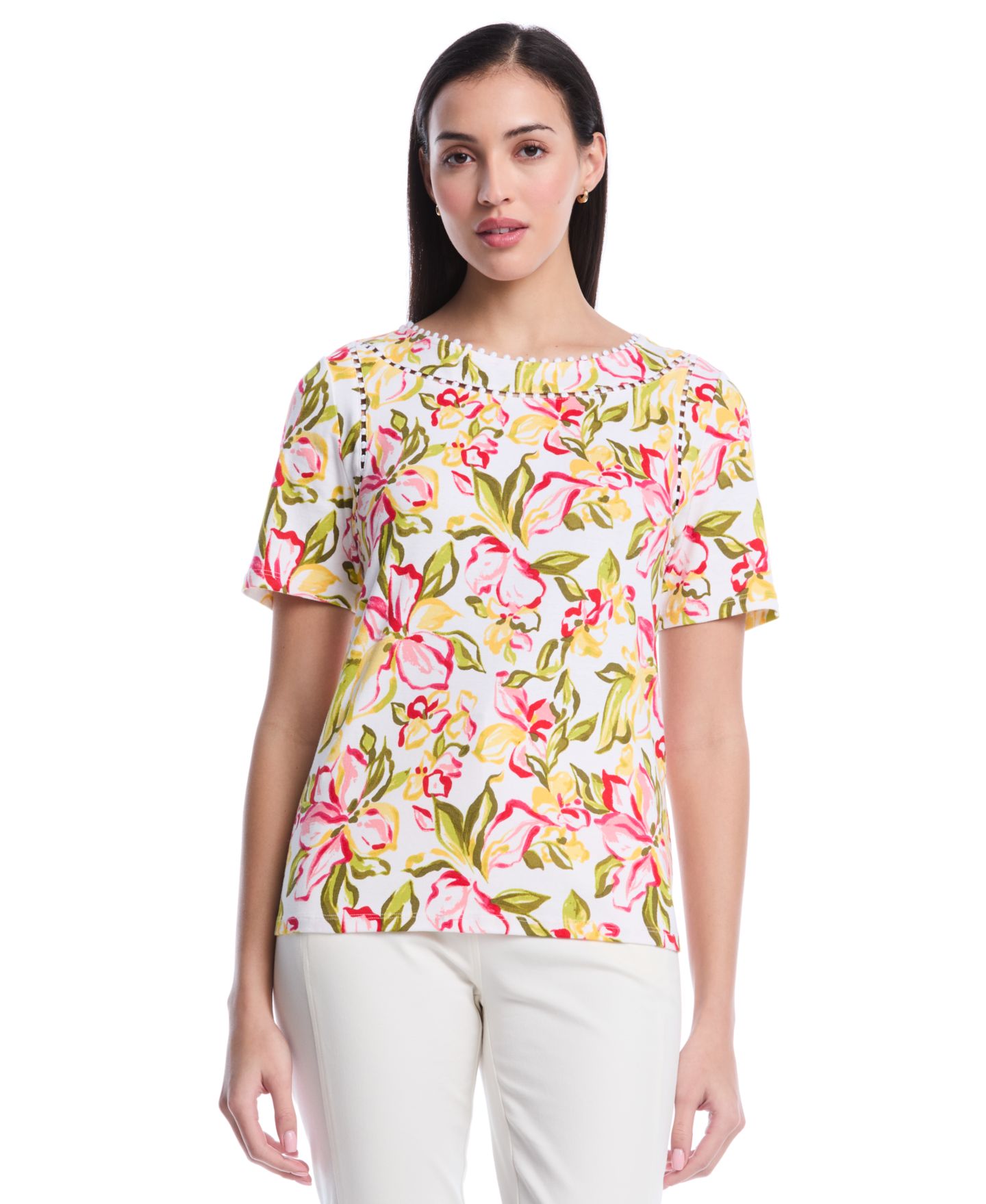 Женский топ Rafaella Petite Petal Print Short-Sleeve, цвет: Белый — фото 1