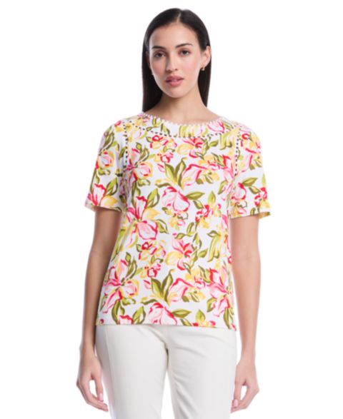 Женский топ Rafaella Petite Petal Print Short-Sleeve, цвет: Белый
