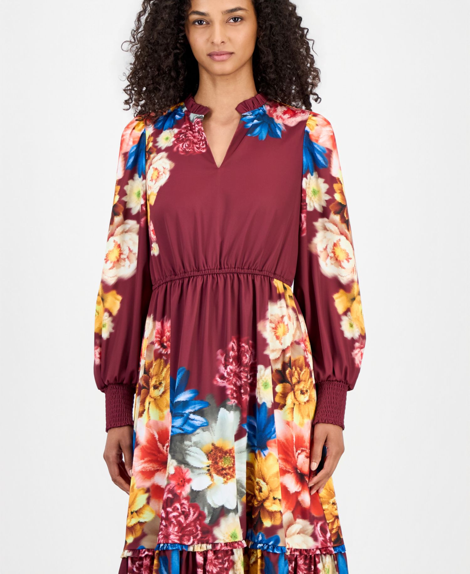 Women's Floral Long-Sleeve A-Line Midi Dress