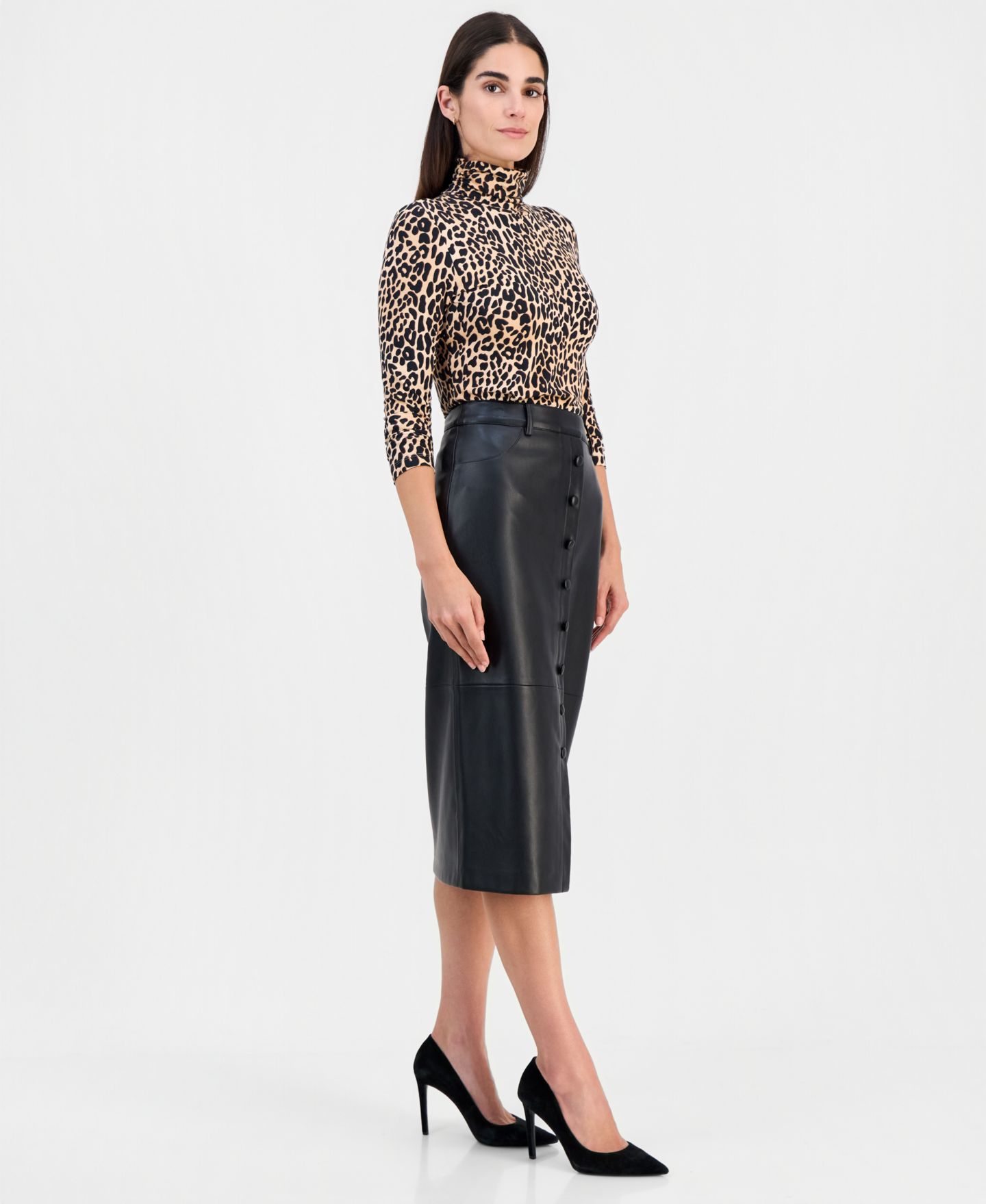 Женская юбка T Tahari Faux-Leather Button-Front Slim, цвет: Чёрный — фото 3