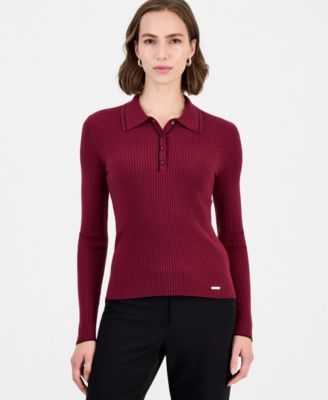 Women's Long-Sleeve Ribbed Polo Sweater
