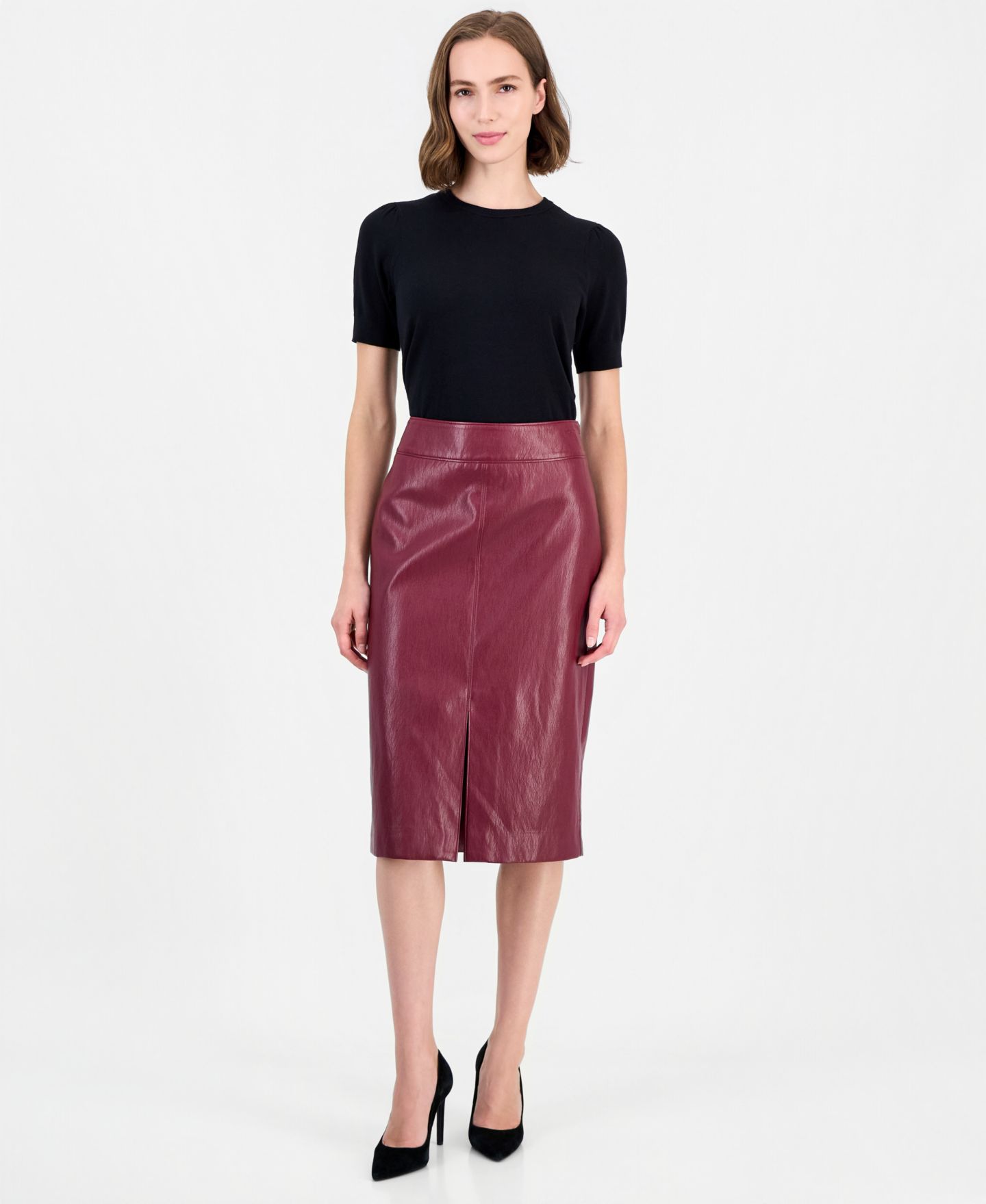 Женская юбка T Tahari Midi Pencil Front-Slit, цвет: Бордовый — фото 1