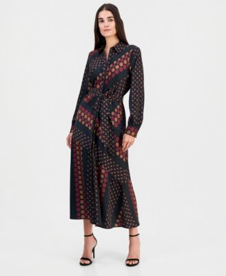 Women's Printed Tie-Waist Diagonal-Tiered Shirt Dress