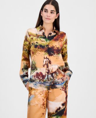 Women's Printed Long-Sleeve Button-Down Blouse
