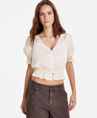 Women's Satin Puff-Sleeve V-Neck Top