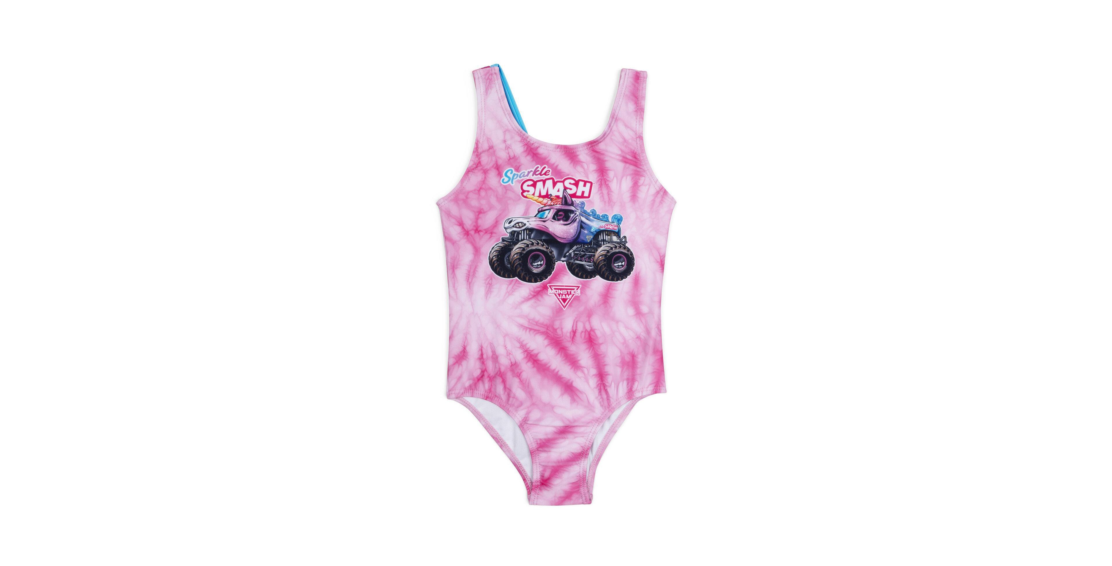 Monster Jam Girls Sparkle Smash One Piece Bathing Suit Upf 50+