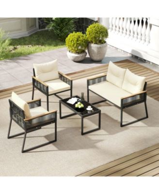 Patio Furniture Set with Tempered Glass Coffee Table PE Wicker Rattan Chairs