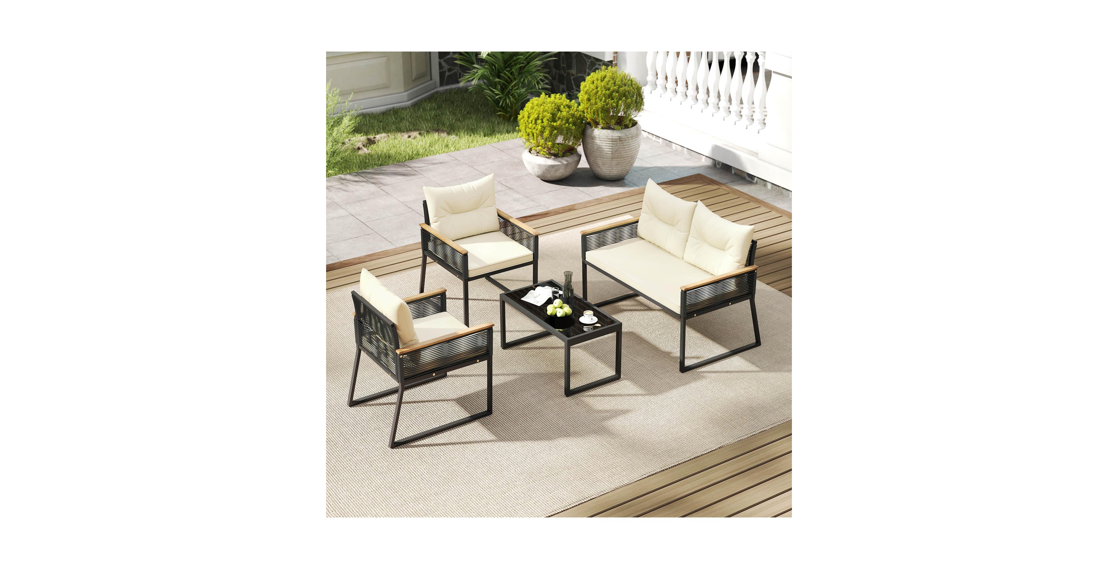 Costway Patio Furniture Set with Tempered Glass Coffee Table Pe Wicker Rattan Chairs
