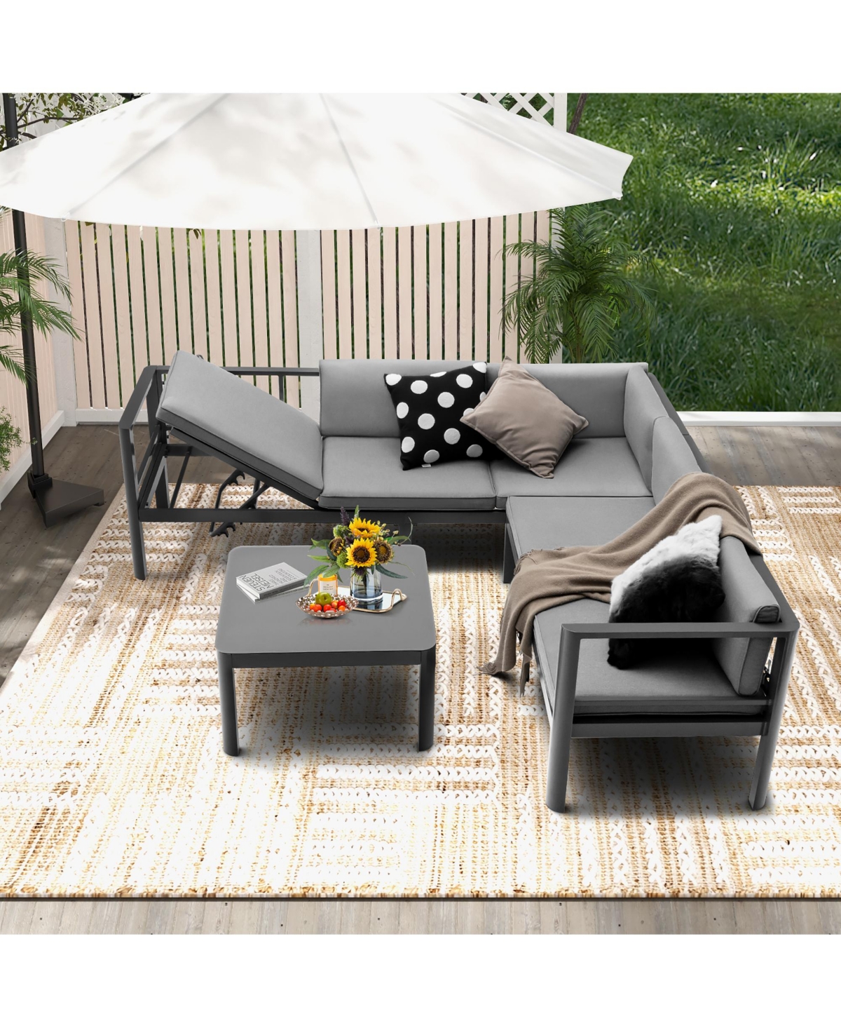 Costway 3Pieces Patio Furniture Set Aluminum Lounge Adjust Back Recliner Sofa Table Cushion