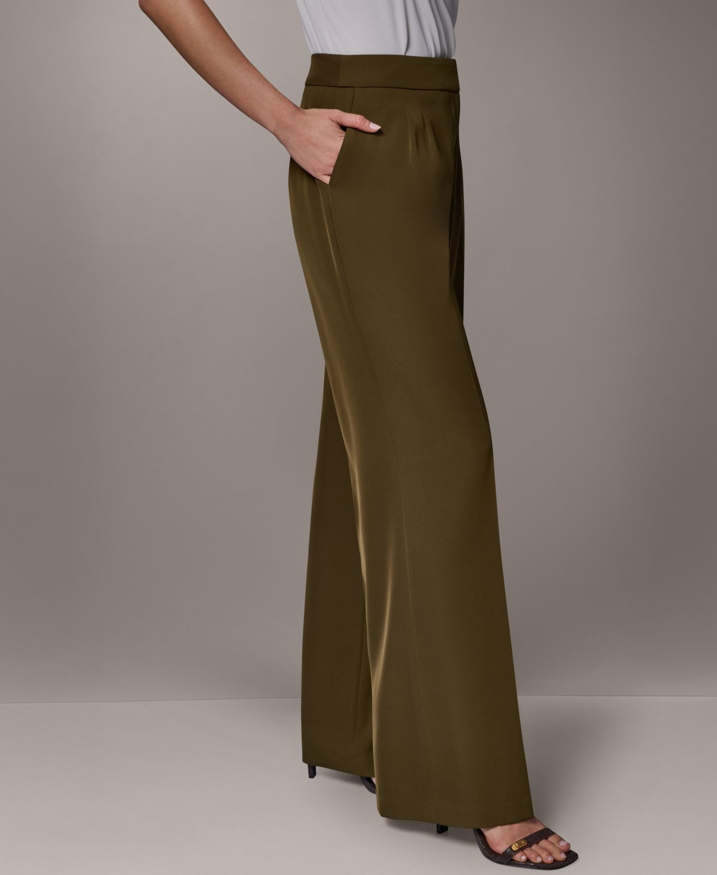 Женские брюки Donna Karan New York Petite Mid-Rise Wide-Leg, цвет: Оливковый — фото 3