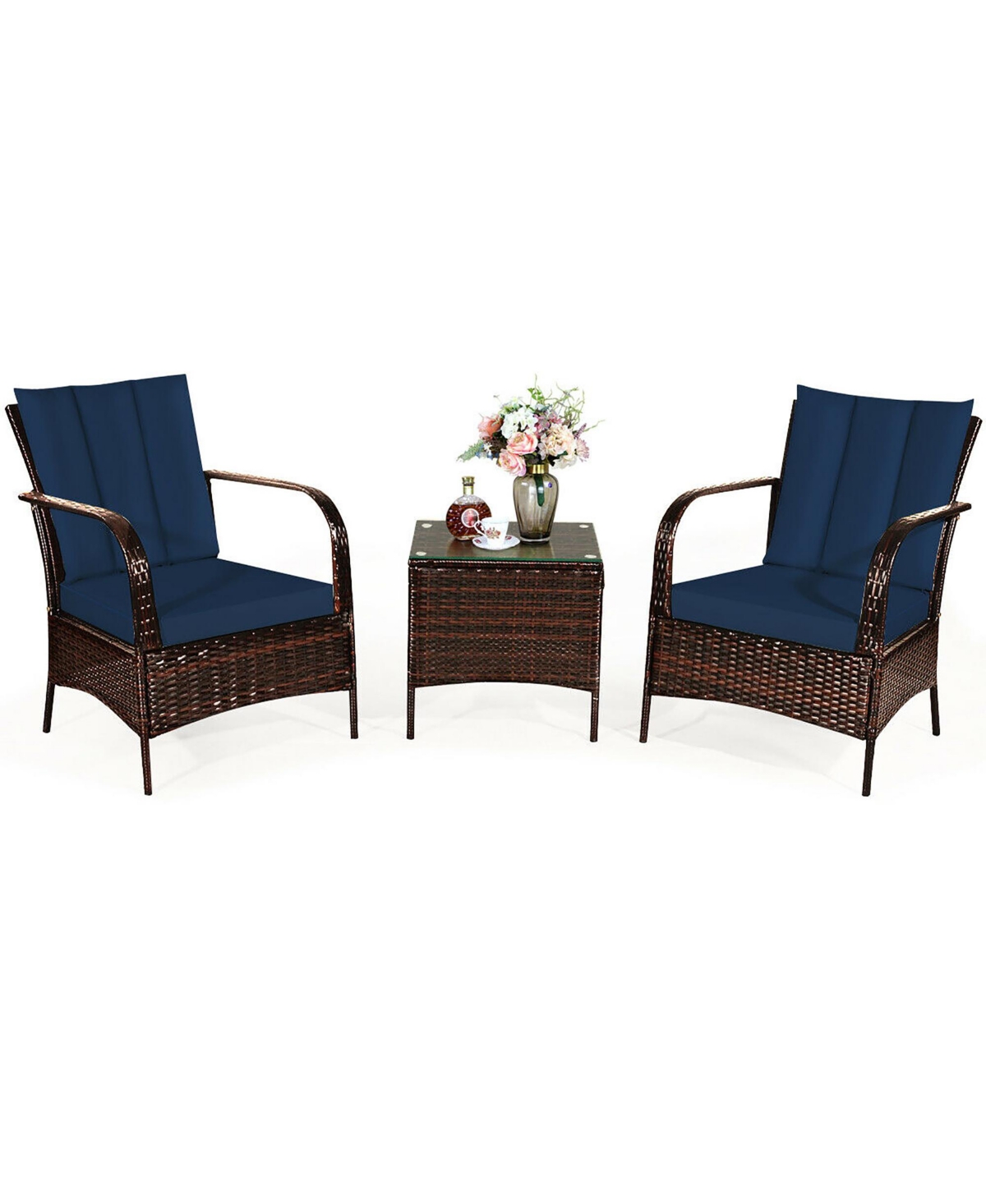 Costway 3 Pieces Patio Rattan Furniture Set W Coffee Table and 2 Rattan Chair