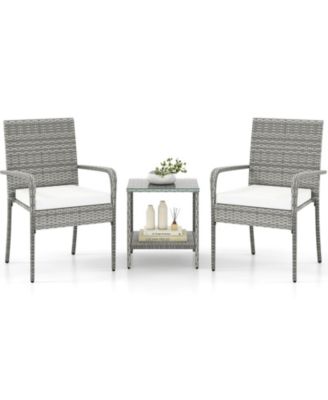 3 Pieces  Patio Furniture Set with Seat Cushions and Tempered Glass Tabletop