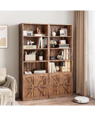 71.4 Inch Tall Farmhouse Industrial 6-Tier Bookcases with Doors and Open Shelves, Large Wooden Bookshelves with Barn Doors, Anti-Tip Kit