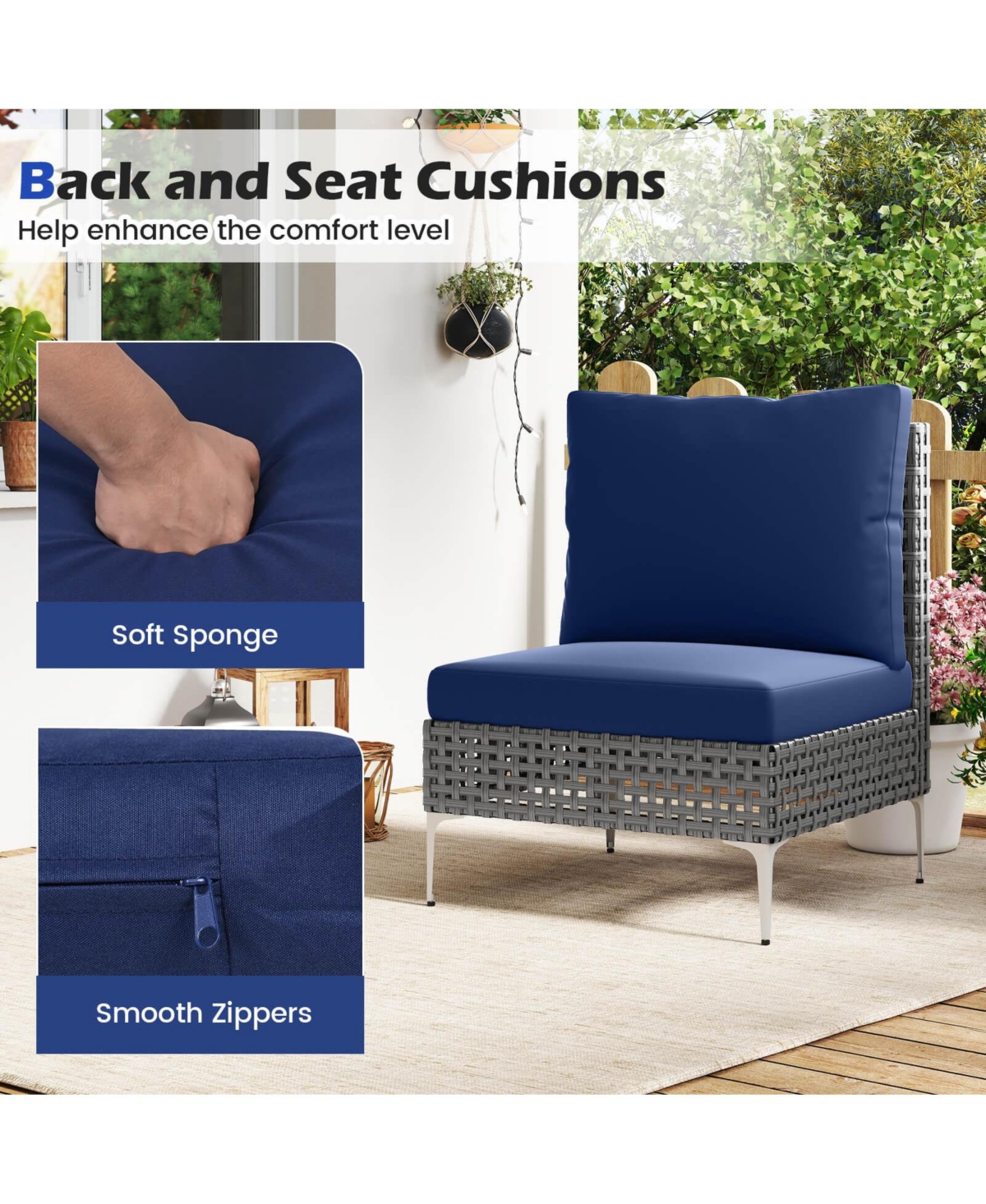 Costway 3 Pieces Patio Furniture Set with Tempered Glass Coffee Table Soft Back and Seat Cushions
