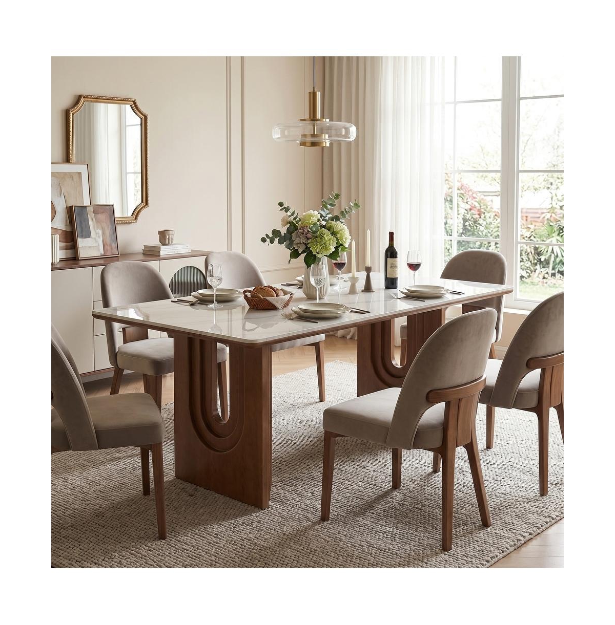 Tribesigns 63'' Sintered Stone Dining Table, Solid Wood Double Pedestal Farmhouse Table Seats 6