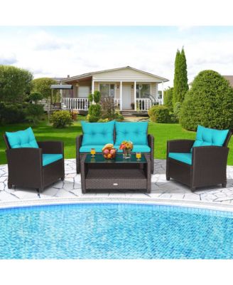 4 Pieces Patio Rattan Furniture Set Glass Table Shelf Sofa Cushion