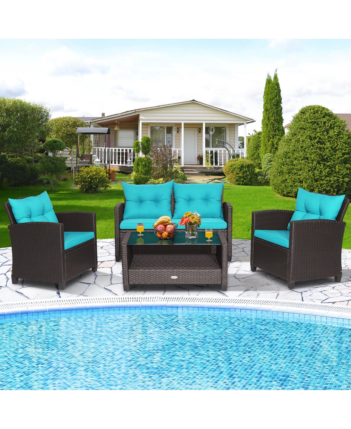 Costway 4 Pieces Patio Rattan Furniture Set Glass Table Shelf Sofa Cushion