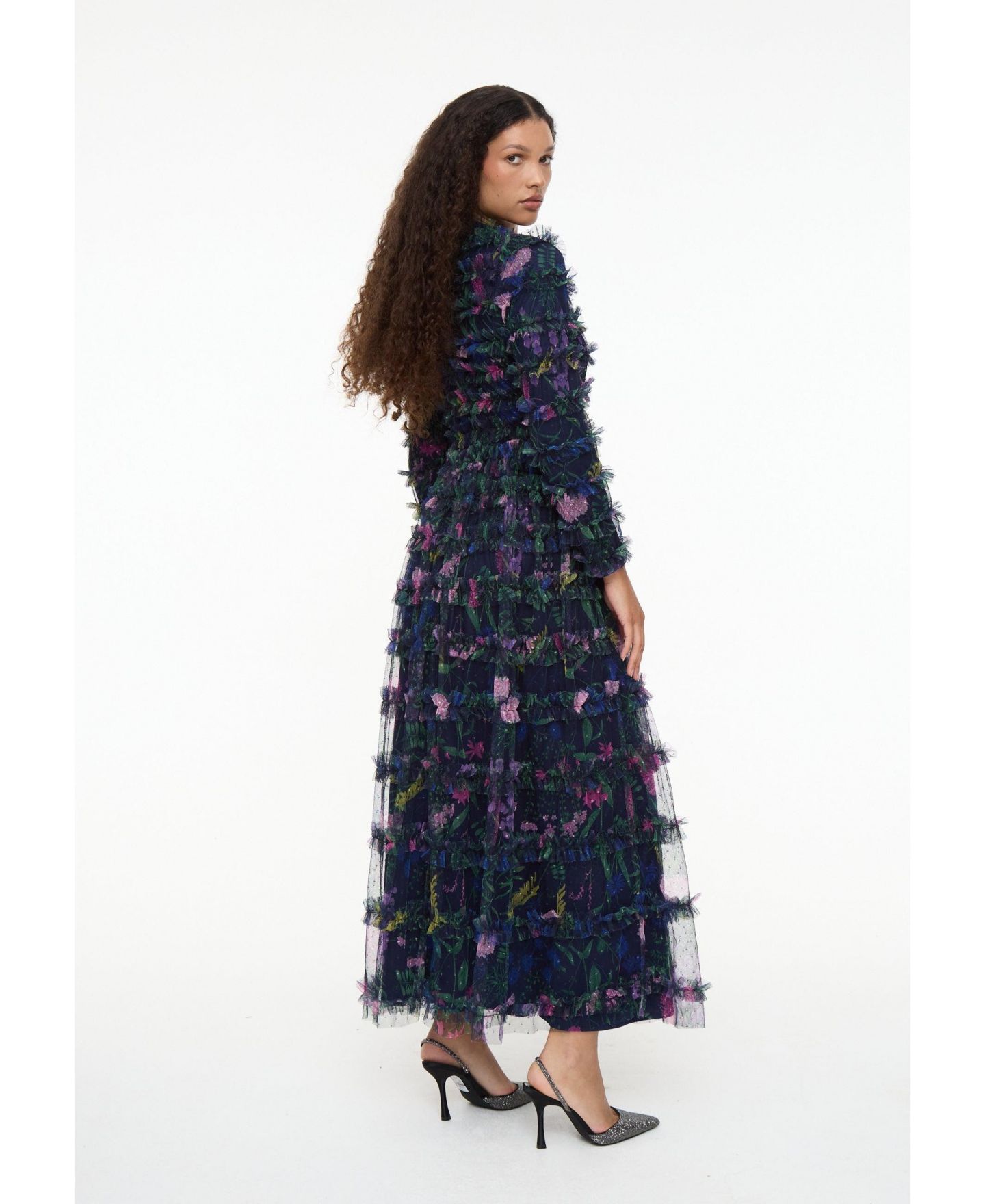 Женское платье Maryisa Modest Floral Ruffle High Neck Maxi, цвет: Ночной синий — фото 4