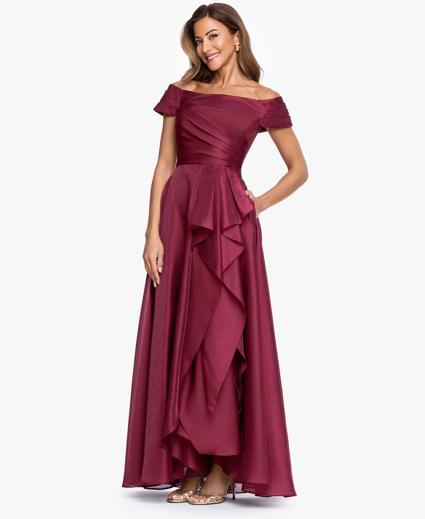 Женские платья XSCAPE Embroidered Floral Off-The-Shoulder Ball Gown, цвет: Винный — фото 2