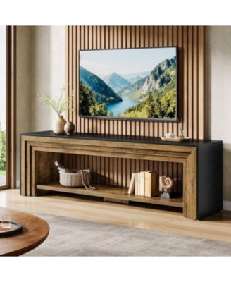 70" TV Stand for 65/70/75-Inch TVs, Farmhouse Long Entertainment Center with Open Storage Shelves