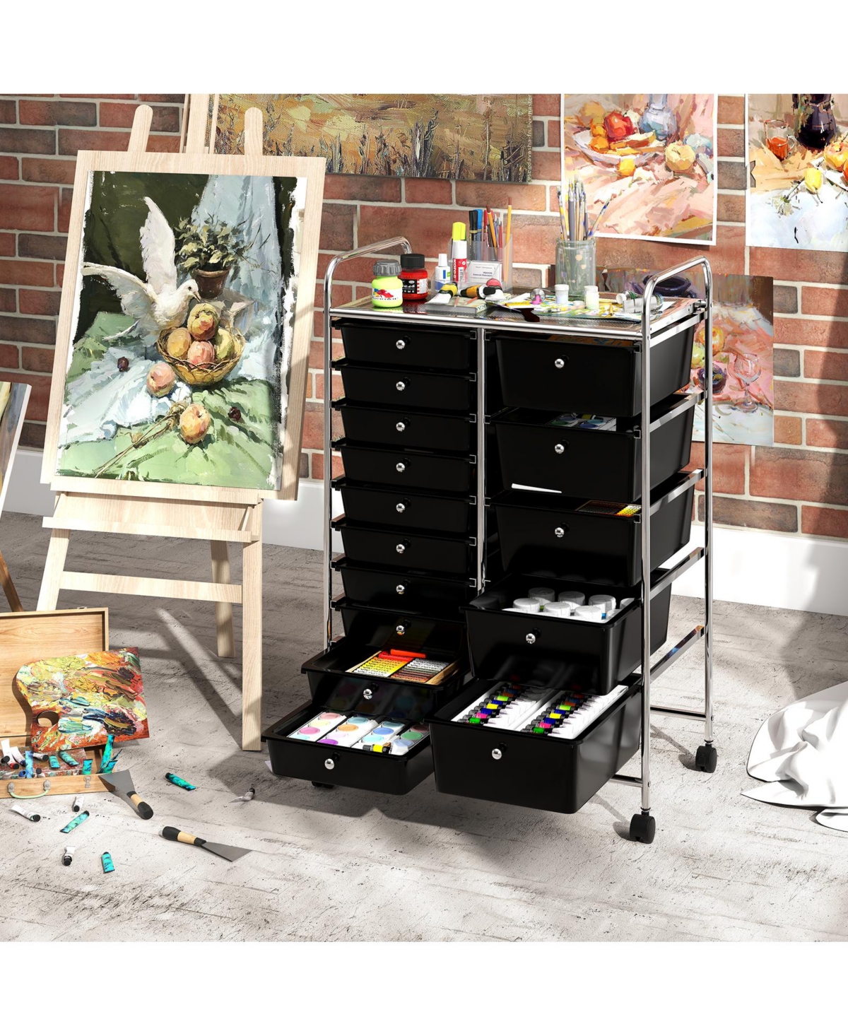 Slickblue 15-Drawer Rolling Organizer Cart with Metal Frame for Craft and Office Storage