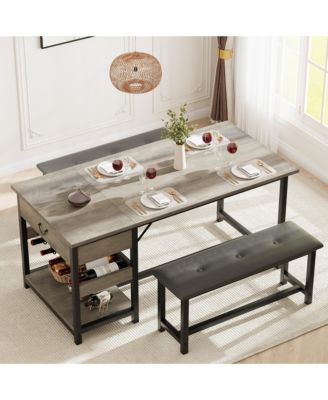 Space Saving Dining Table Set for 4 Modern Table with 2 PU Leather Benches, Storage Drawers and Wine Rack