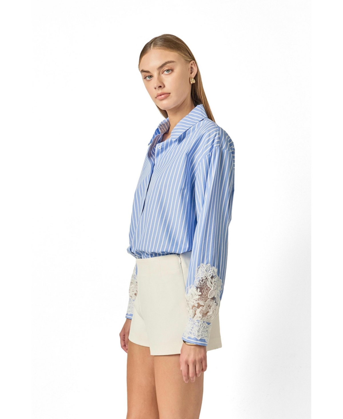 English Factory Women's Oversized Lace Trim Stripe Shirt
