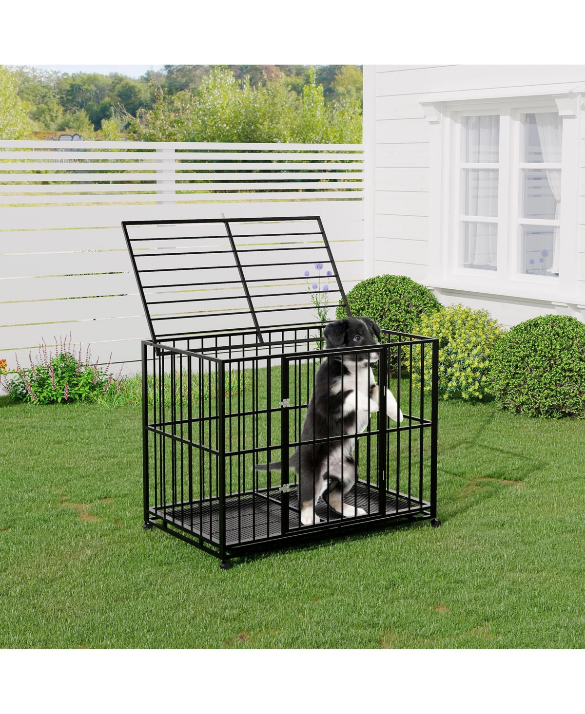 homfan Heavy Duty Dog Crate for Large Breeds, Steel Kennel with Locking Wheels