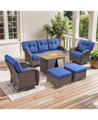 6 Pieces Patio Furniture Set with Fire Pit High Back Outdoor Furniture Set Cushions Wicker Patio Swivel Rocker Chairs