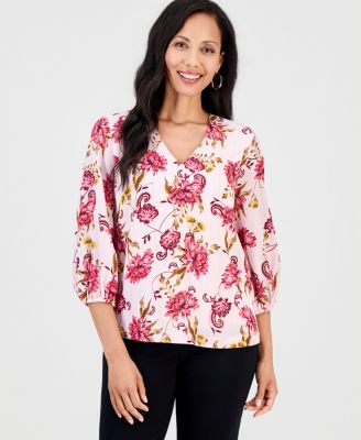 Women's Garden Floral V-Neck 3/4-Sleeve Top