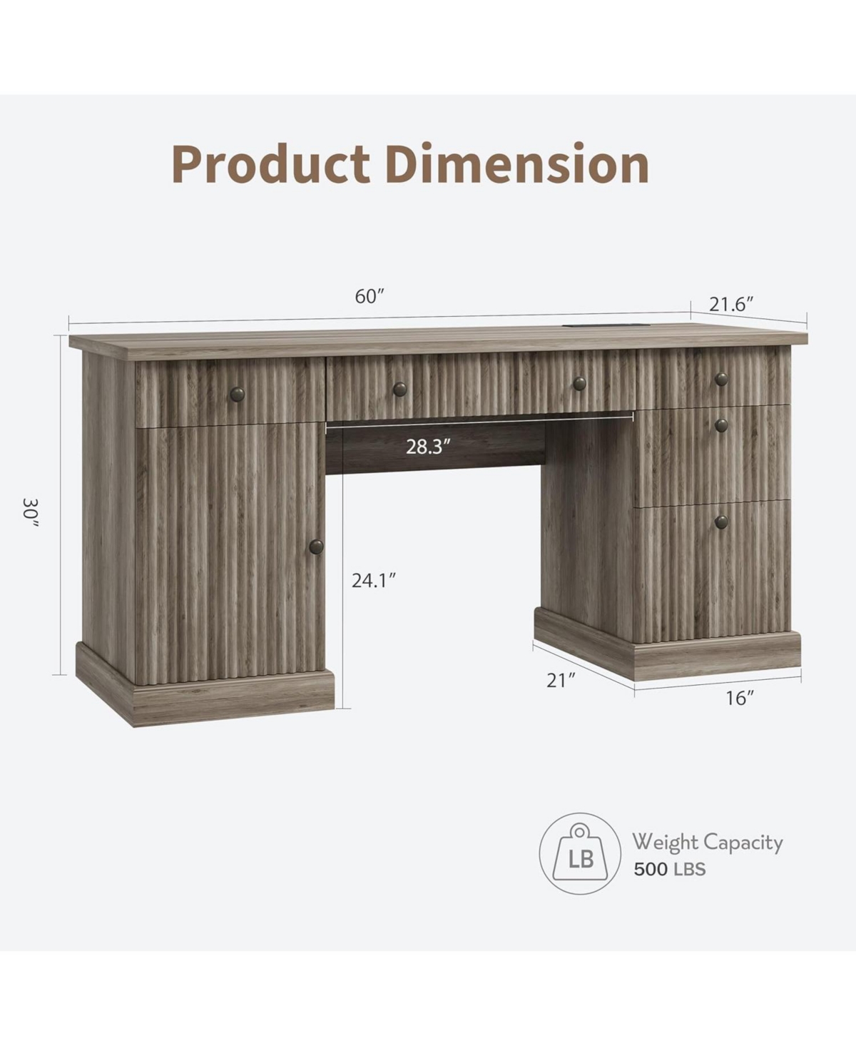 homfan 60" Office Desk with Storage and Drawers – Fluted Wood Computer Desk with Power Outlet and Adjustable Shelves for Home Office