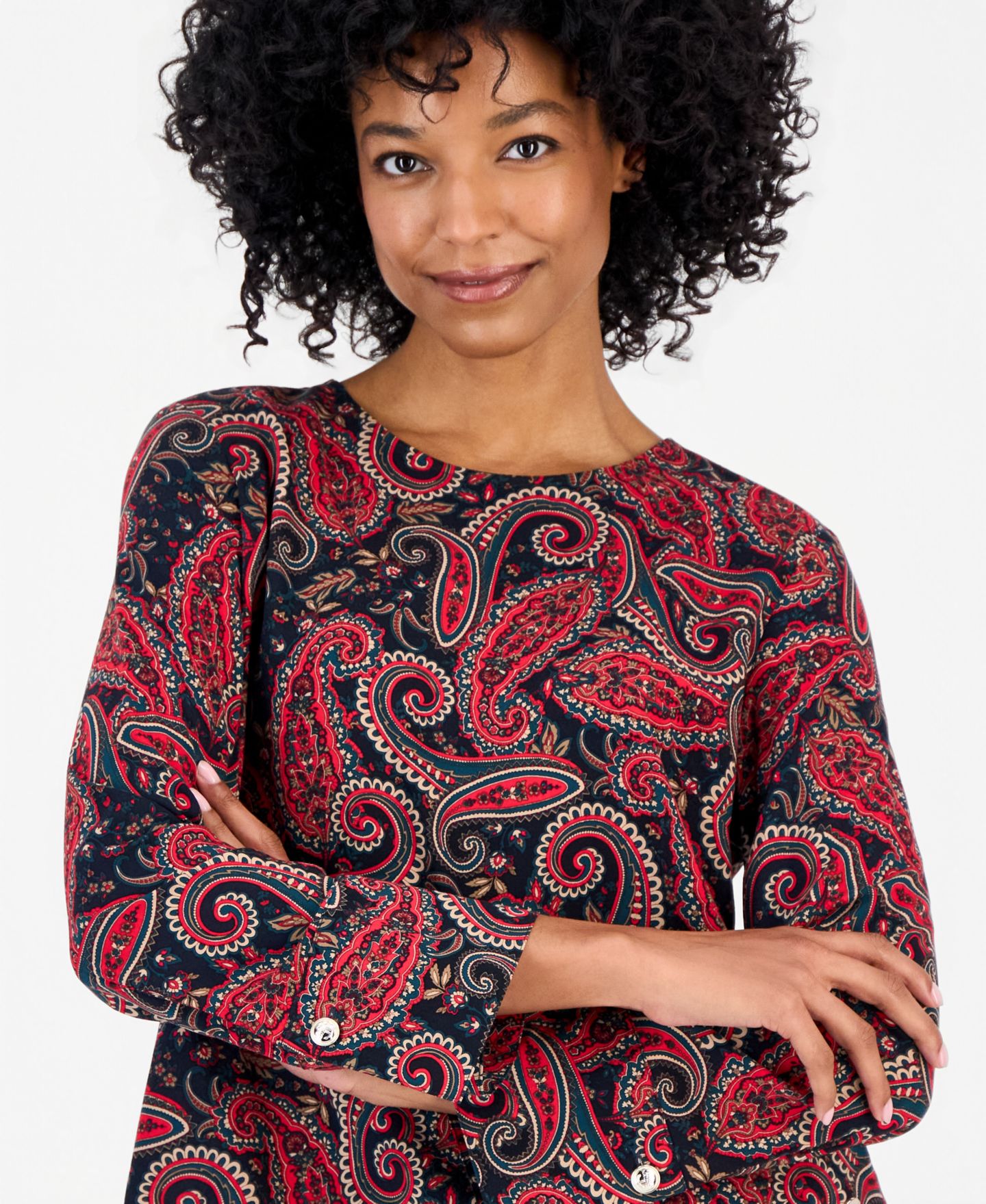 Женская блузка Nautica Paisley Roll-Cuff, цвет: Тёмно-синий — фото 3
