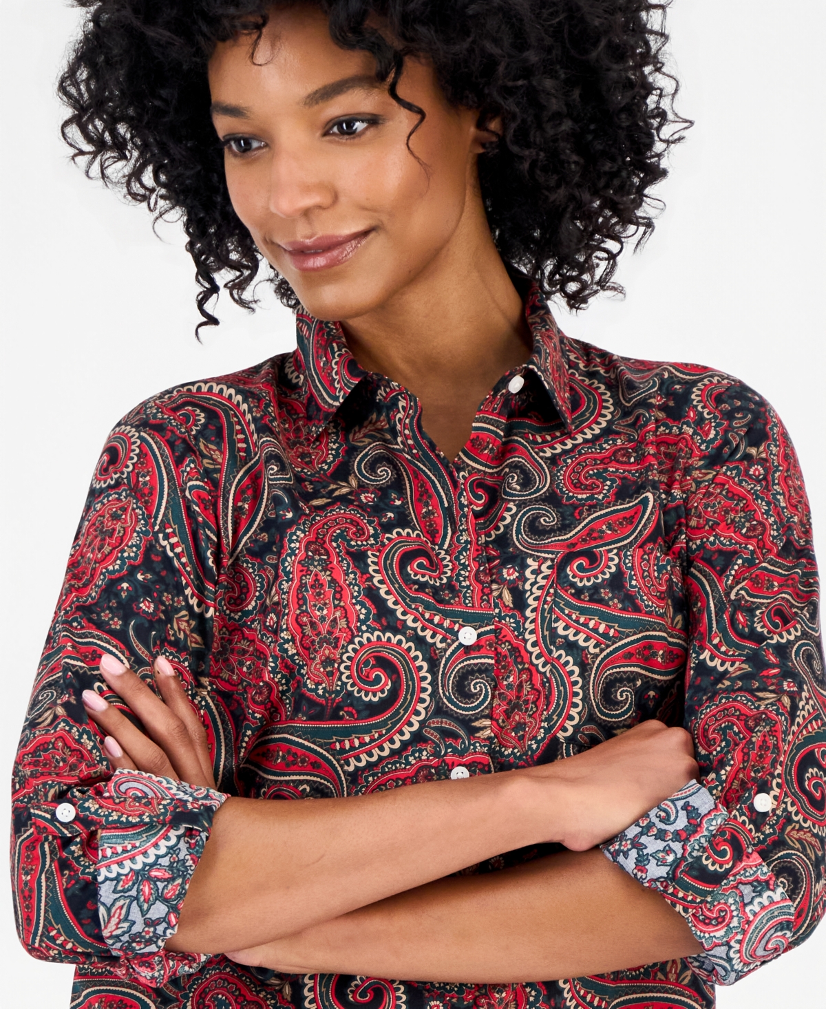 Nautica Women's Cotton Paisley Roll-Tab Shirt