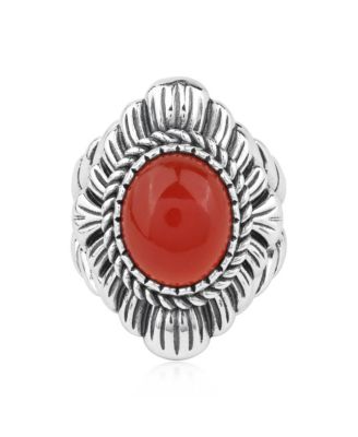 Sterling Silver Red Onyx Oval-Cut Rope Scallop Design Ring
