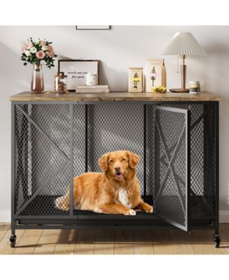 Dog Crate Furniture, 48 Inch Black Indoor Dog Kennel Table with Metal Frame, Potty Tray, and Lockable Wheels for Large, Medium, and Small Dogs