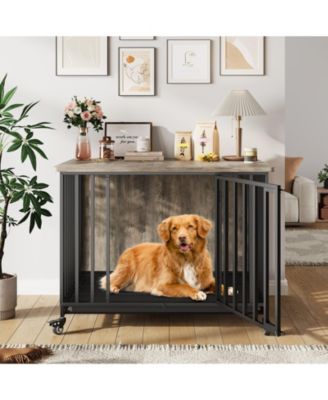 Dog Crate Furniture with Removable Tray, Heavy-Duty Dog Cage with Lockable Wheels and Door, Wooden Kennel End Table for Small to Medium Breeds