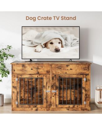 Dog Crate TV Stand for 2 Dogs, Heavy Duty Dog Kennel Furniture with 2 Drawers, Dog Crates for Small Medium Dogs, Dog Cage End Table